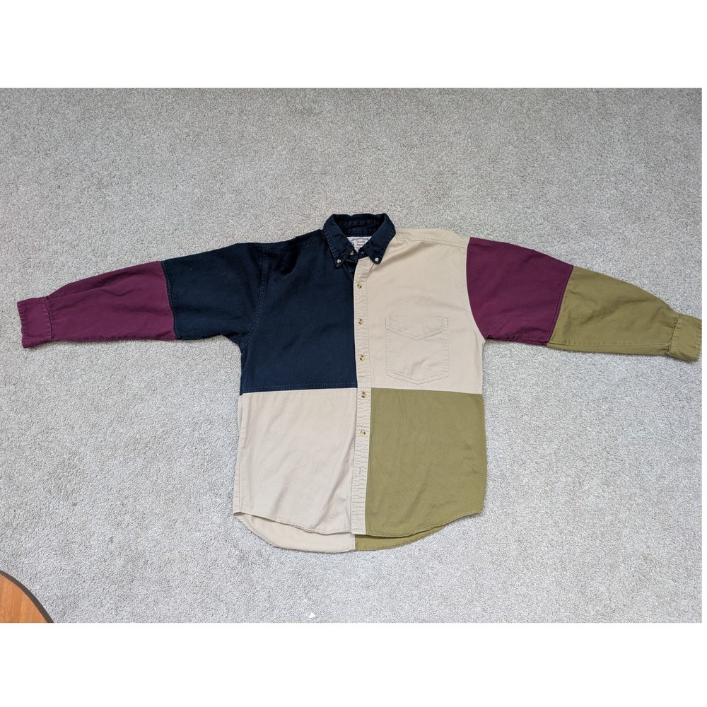 "Double Impact" Vintage 90s Colorblock Shirt Mens Large Twill Multi Color Retro